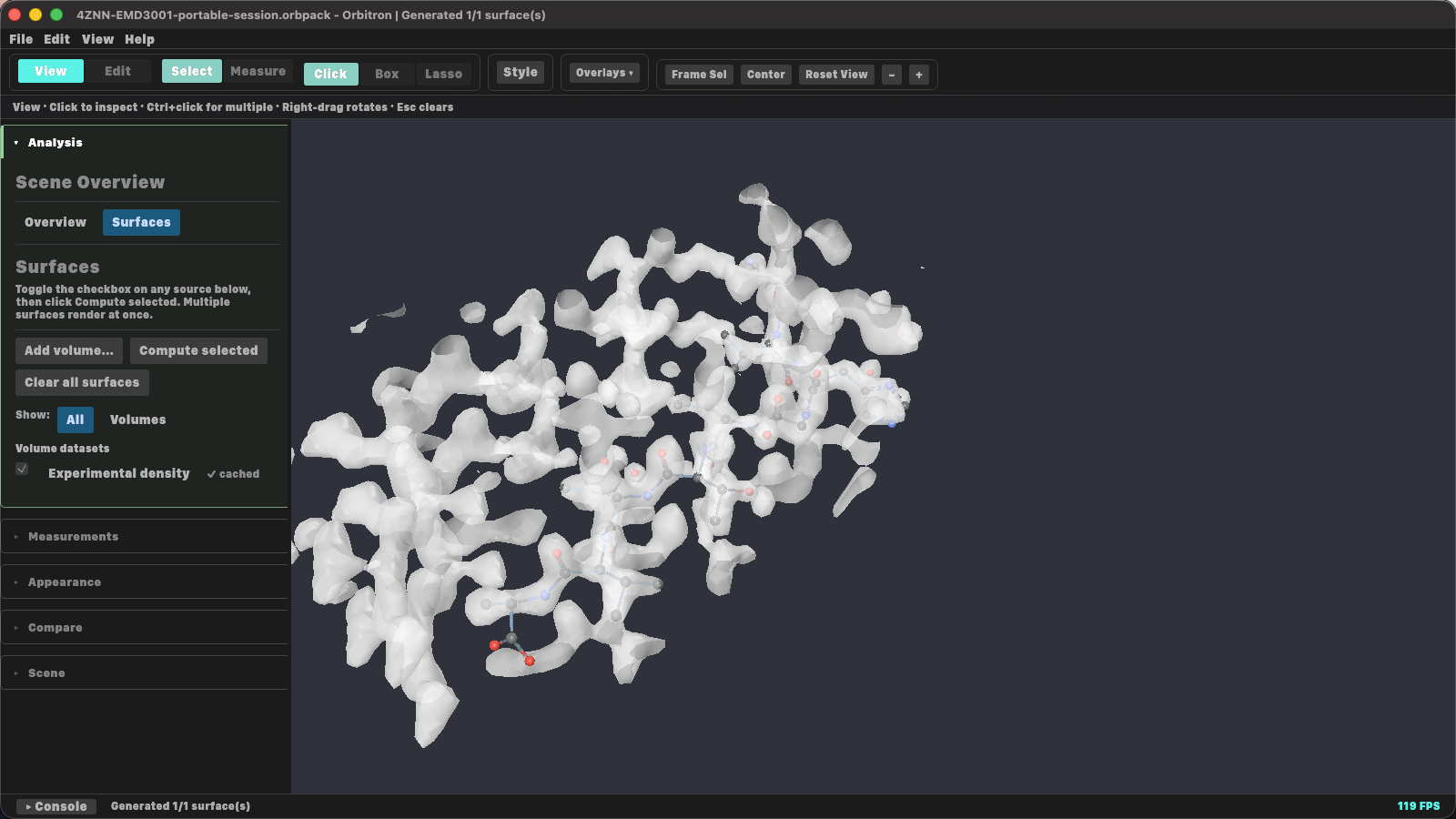 Orbitron desktop viewer showing EMD-3001 experimental density around 4ZNN